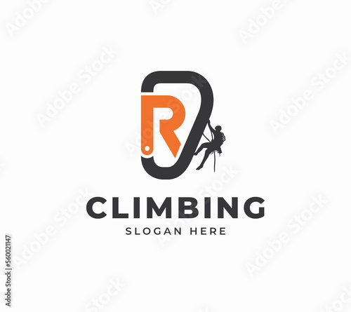 Letter R carabiner equipment rock climbing people sport adventure creative vector logo design photo