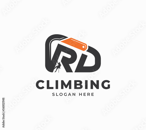 RD carabiner climbing people cliff rock peak clip protection sport adventure vector logo design