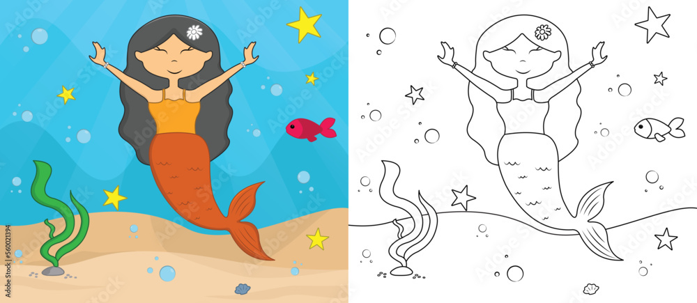 Cartoon mermaid coloring page no: 08 kids activity page with line art vector illustration