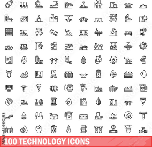 100 technology icons set. Outline illustration of 100 technology icons vector set isolated on white background