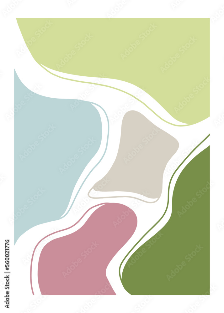 Printable wall art poster with abstract shapes figures. Vector illustrations with pastel spring palette blue, pink, green, yellow with lines. Modern trendy interior design, bedroom, energy, blooming. Printable wall art poster with abstract shapes figures. Vector illustrations with pastel spring palette blue, pink, green, yellow with lines. Modern trendy interior design, bedroom, energy, blooming.