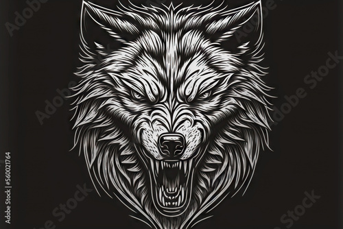 Fotografie, Obraz Werewolf tattoo of lone wolf head on black background