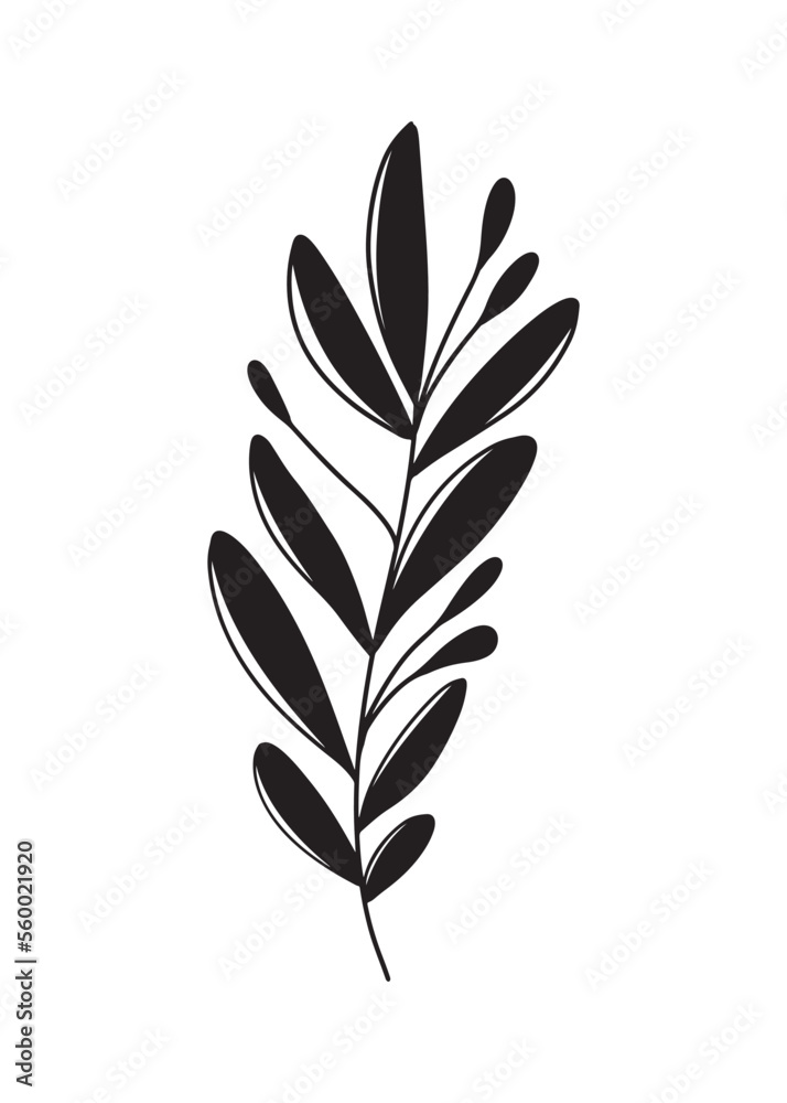 Silhouette branch with round leaves, stem in black isolated on white background. Hand drawn vector illustration in doodle line modern trendy style. Floral design, botanical, print, decorative, design.