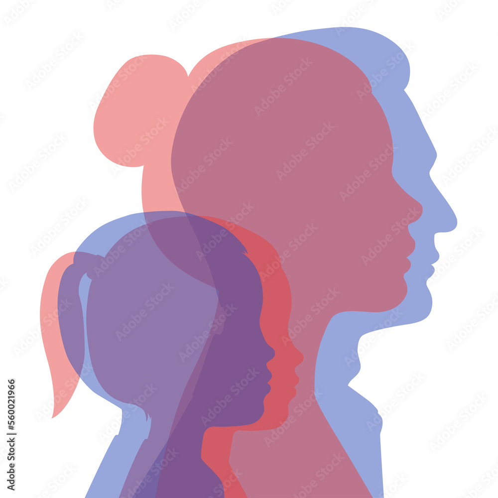Family silhouettes - father, mother, son and daughter. Transparent silhouettes of profiles of people of different sex. Illustration on transparent background
