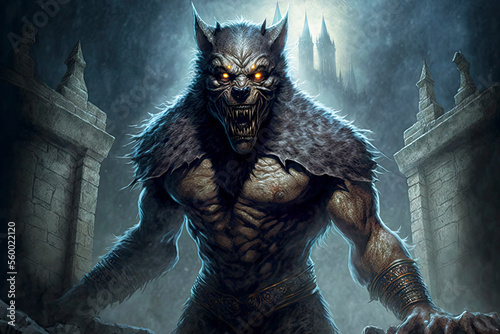 Fototapeta Huge dangerous werewolf killer monster with wolf head