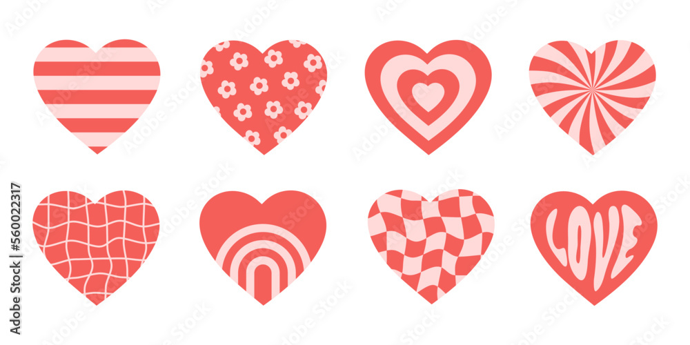 Vector set romantic icons hearts in pink and red colors. Retro background in groovy style 70s, 80s. Concentric hearts or stickers isolated on a white background Vector set romantic icons hearts in pink and red colors. Retro background in groovy style 70s, 80s. Concentric hearts or stickers isolated on a white background