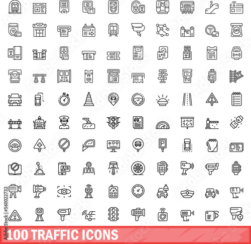 100 traffic icons set. Outline illustration of 100 traffic icons vector set isolated on white background