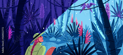 Travel, adventure in tropical jungle forest. Fairy rainforest panorama, fantasy nature landscape with blossomed flowers, lianas. Exotic whimsical woods with fairytale flora. Flat vector illustration