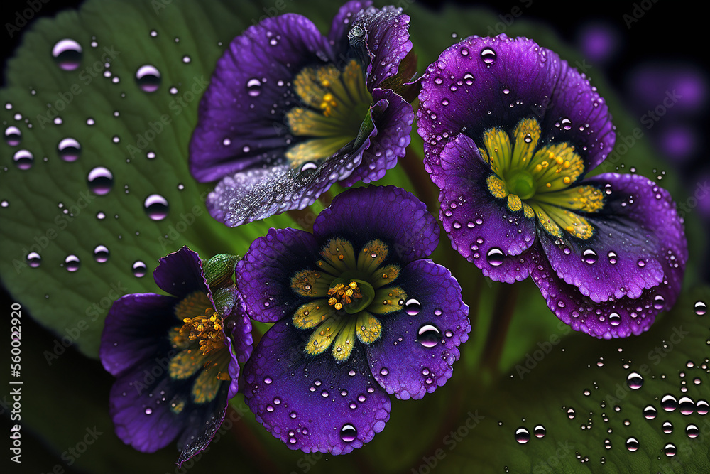 Violet flowers in raindrops, wallpaper background Violet flowers in raindrops, wallpaper background