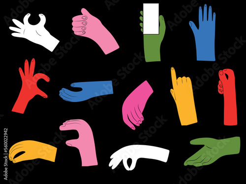 Multi-colored hands in different poses. Vector illustration in modern flat style