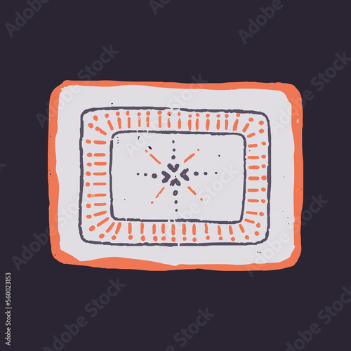 Ceramic dish, rectangle tray. Handmade pottery, kitchen stoneware with rustic ornament. Painted ceramics art, crockery, kitchenware in country style. Isolated flat vector illustration