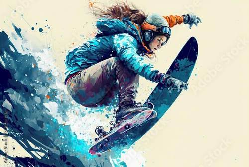 illustration, girl practicing snowboard, image generated by AI