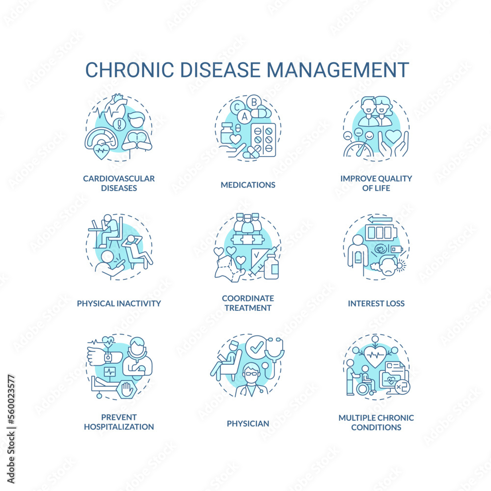 Chronic disease management blue concept icons set. Lifestyle, treatment. Medical care idea thin line color illustrations. Isolated symbols. Editable stroke. Roboto-Medium, Myriad Pro-Bold fonts used