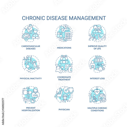 Chronic disease management blue concept icons set. Lifestyle, treatment. Medical care idea thin line color illustrations. Isolated symbols. Editable stroke. Roboto-Medium, Myriad Pro-Bold fonts used