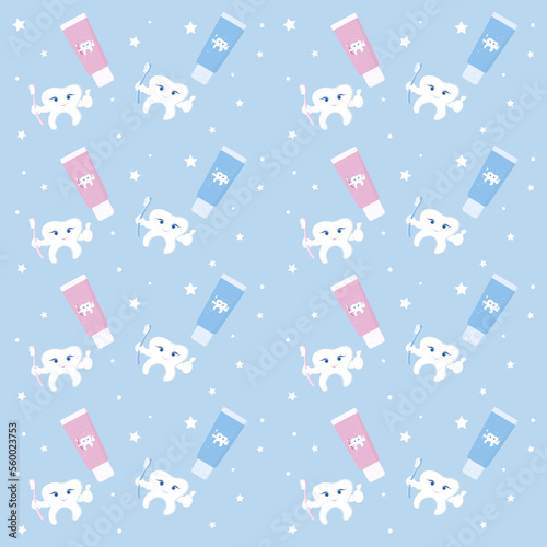 Background with the cartoon toothpastes and teeth with a small toothbrush on blue with a small white star. Paper, wallpaper.