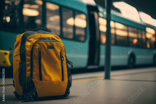 Backpack in front of autobus in bus station, ai generative. Concept of traveling and public transport.