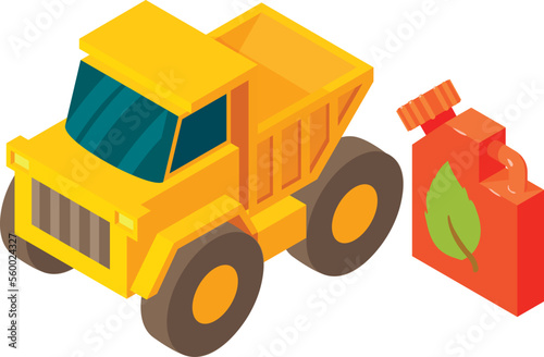 Eco fuel icon isometric vector. Big yellow dump truck and eco fuel canister icon. Ecology concept, biodiesel