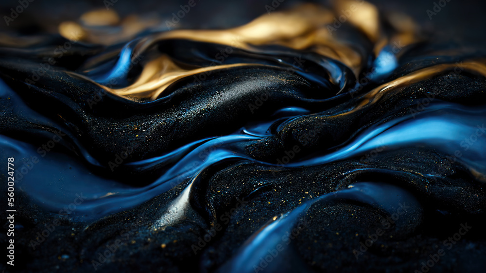 Abstract wavy blue wallpaper. Waves background with curvy golden shiny ...