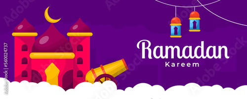 Flat illustration ramadan kareem banner or with copy space and purple background concept