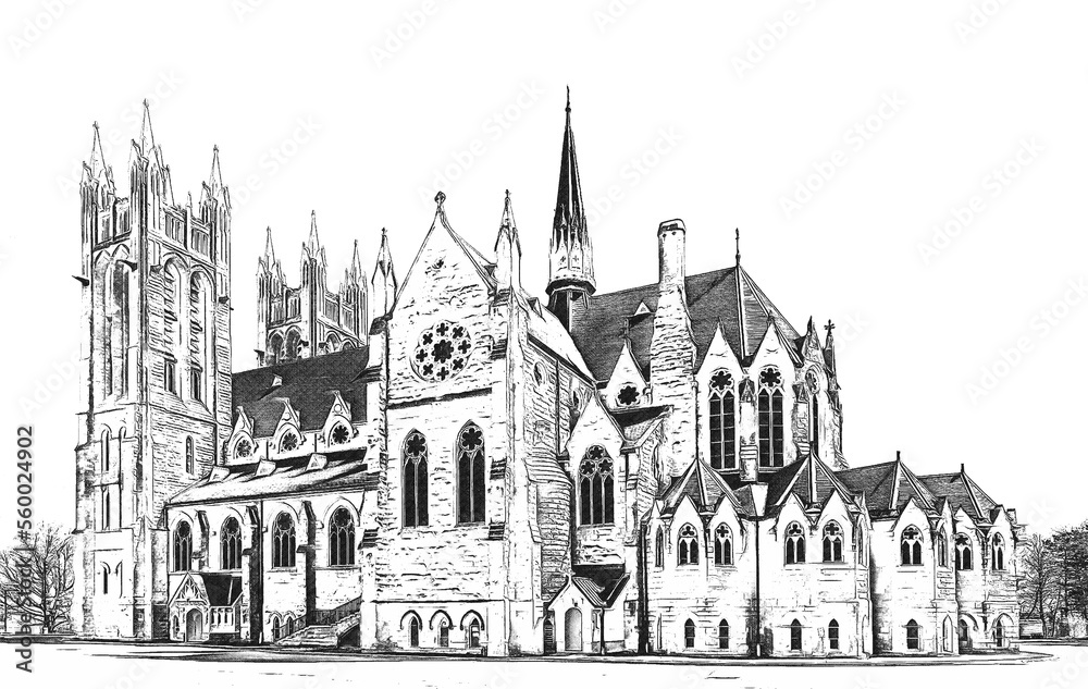 Basilica of Our Lady Immaculate, Roman Catholic minor basilica and parish church, Gothic Revival style building in Guelph, Ontario, Canada, ink sketch illustration.