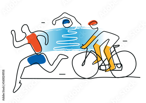 
Triathlon cycling swimming, fitnes, line art. 
Illustration of Triathlon athletes. Continuous Line Drawing. Isolated on white background. Vector available.