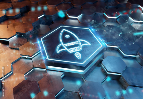 Spaceship icon innovation concept engraved on metal hexagonal pedestral background. Rocket startup logo glowing on abstract digital surface. 3d rendering