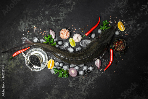 sturgeon caviar sturgeon caviar on a metal tray, Restaurant menu, dieting, cookbook recipe top view,