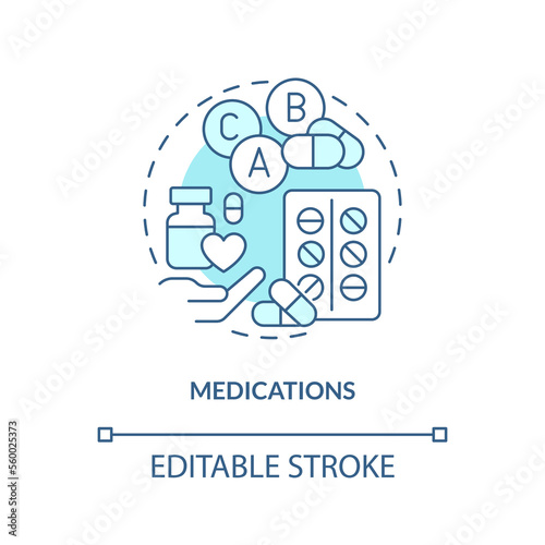 Medications blue concept icon. Pills. Chronic disease comprehensive care plan abstract idea thin line illustration. Isolated outline drawing. Editable stroke. Arial, Myriad Pro-Bold fonts used