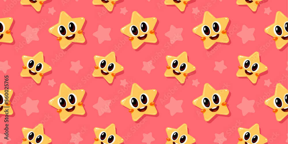 Fototapeta premium Vector child seamless pattern with smile yellow star on red color background. Flat style design of illustration with happy little star character with eye