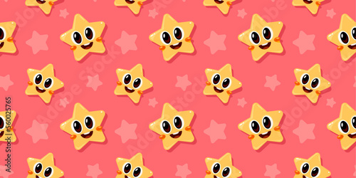 Vector child seamless pattern with smile yellow star on red color background. Flat style design of illustration with happy little star character with eye