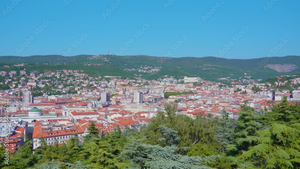 Beautiful panorama of old town and mountains from observation deck of Castle of San Giusto as tourist destination in Trieste Beautiful panorama of old town and mountains from observation deck of Castle of San Giusto as tourist destination in Trieste