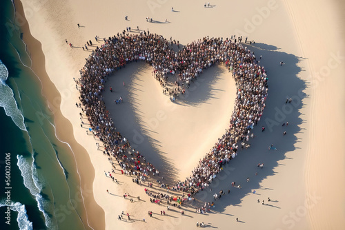 Top view of crowed of people doing heart shape on the beach, ai generative illustration.