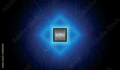 CPU Chip on Motherboard. Central Computer Processors CPU concept. Quantum computer, large data processing, database concept. Futuristic microchip processor. Digital chip.