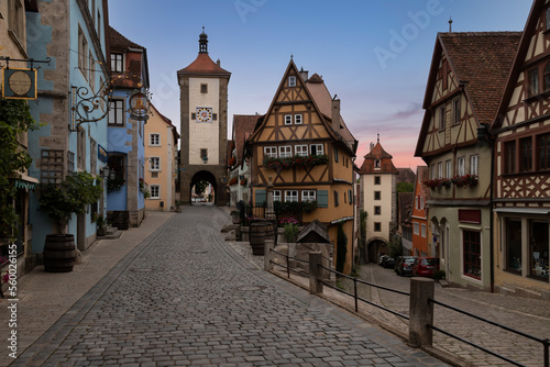Medieval Pl  nlein overlooking the Siebers Tower in the german town of Rothenburg ob der tauber. 