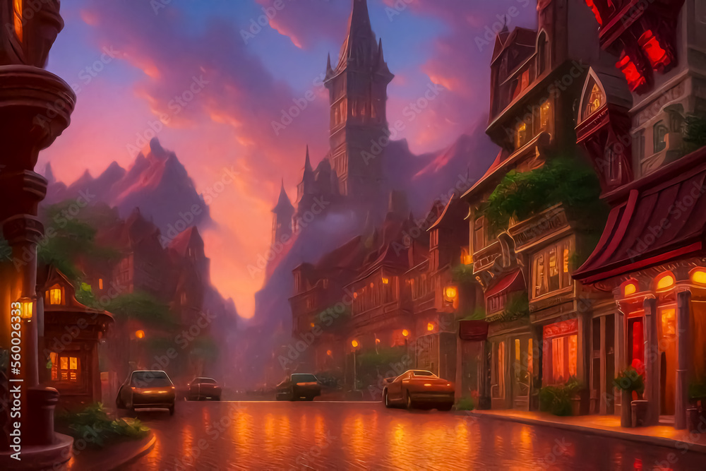 Fototapeta premium Evening street at sunset, reflection of light on asphalt.