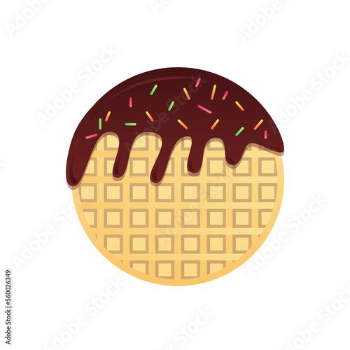 Dripping chocolate on round waffle isolated vector icon