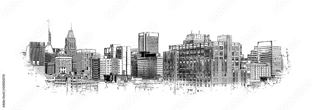 Baltimore Maryland City Skyline, ink sketch illustration