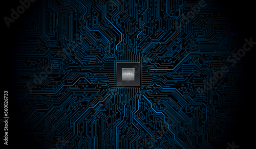 CPU Chip on Motherboard. Central Computer Processors CPU concept. Quantum computer, large data processing, database concept. Futuristic microchip processor. Digital chip.