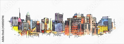 Baltimore Maryland City Skyline, color pencil style sketch illustration isolated on white background.
