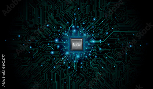 CPU Chip on Motherboard. Central Computer Processors CPU concept. Quantum computer, large data processing, database concept. Futuristic microchip processor. Digital chip.