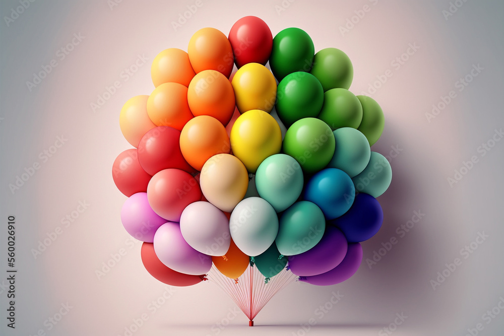 Colorful balloons bunch in the air. Pastel color ballons flying. Celebration party decoration. AI generative