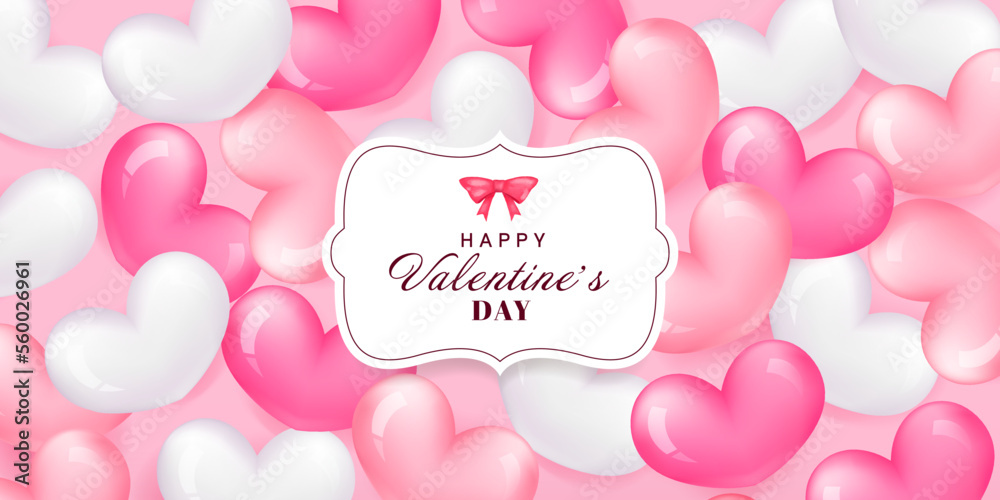 Happy Valentine's Day background, Glossy heart on pink paper background. Vector illustration. Cute love banner or valentine's card.