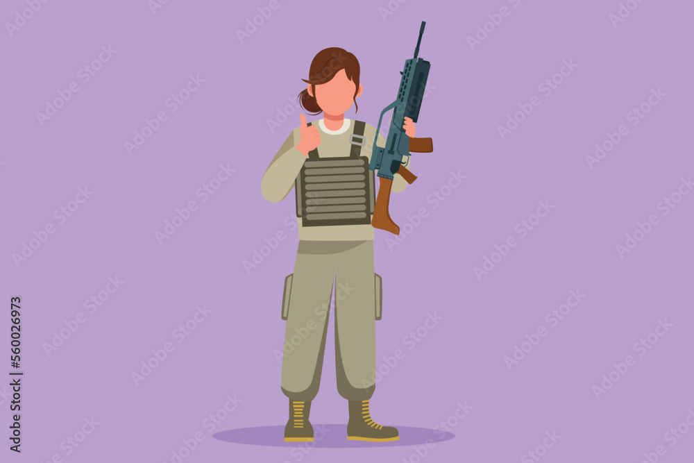 Cartoon flat style drawing female soldiers or army standing with weapons, full uniforms, and thumbs up gestures serving the country with strength of military forces. Graphic design vector illustration Cartoon flat style drawing female soldiers or army standing with weapons, full uniforms, and thumbs up gestures serving the country with strength of military forces. Graphic design vector illustration