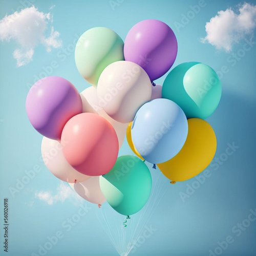 Balloons flying on blue sky. Celebration party decoration. Pastel color ballons bunch in the air, AI generative