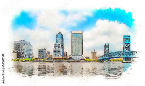 Jacksonville skyline, Florida, Usa, watercolor sketch illustration.