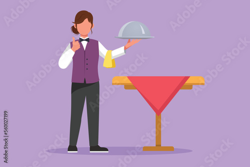 Cartoon flat style drawing waiteress stood up with thumbs up gesture and brought tray of delicious dishes to offer to restaurant guests. Waiteress serving in cafe. Graphic design vector illustration photo