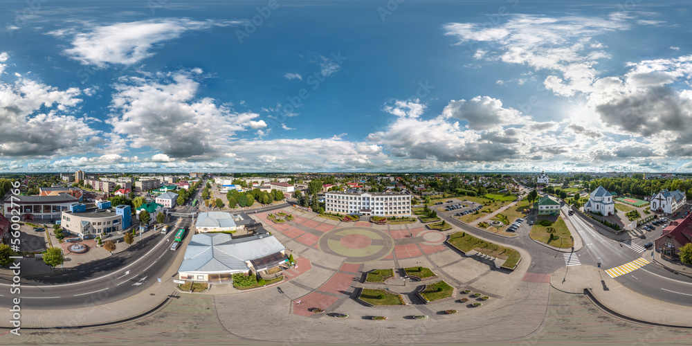 aerial hdri 360 panorama view from great height on buildings, churches and center square of provincial city in equirectangular  seamless spherical  projection. may use as sky replacement for drone