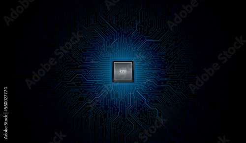CPU Chip on Motherboard. Central Computer Processors CPU concept. Quantum computer, large data processing, database concept. Futuristic microchip processor. Digital chip.