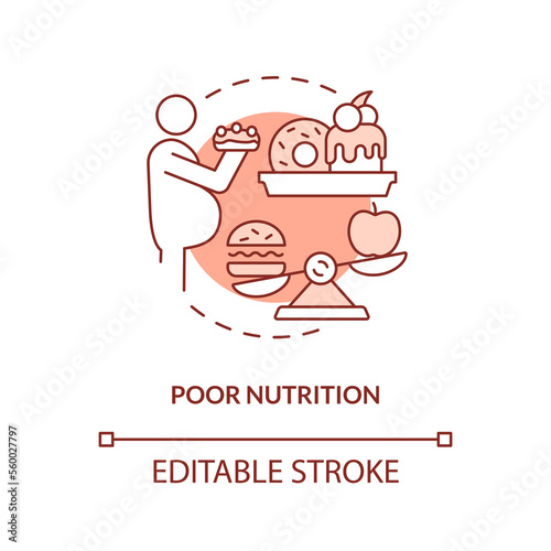 Poor nutrition red concept icon. Unhealthy diet. Chronic disease risk factor abstract idea thin line illustration. Isolated outline drawing. Editable stroke. Arial, Myriad Pro-Bold fonts used