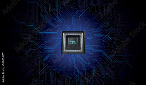 CPU Chip on Motherboard. Central Computer Processors CPU concept. Quantum computer, large data processing, database concept. Futuristic microchip processor. Digital chip.